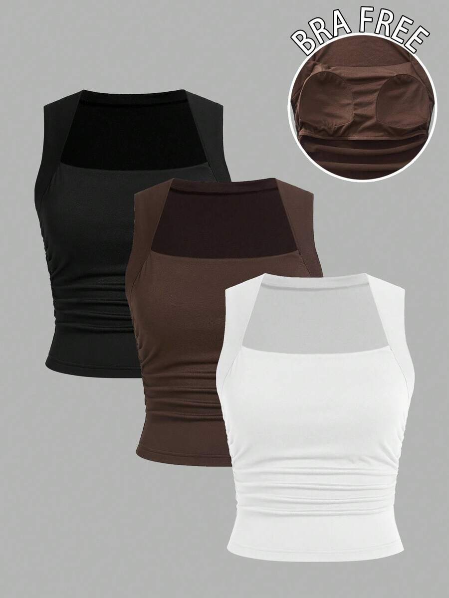 SHEIN EZwear Bộ 3 áo tank top nữ cổ vuông, eo nhún, phong cách tối giản, đa năng, gợi cảm, thích hợp cho mùa hè, có áo ngực tích hợp. - Nhiều màu - Xem 1