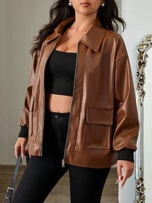 EURMUSE Veste décontractée ample à manches longues en PU avec fermeture éclair pour femmes, printemps et automne, plus hiver - Rouge foncé - Voir 3