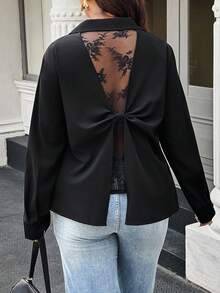 Elegantrix Plus Size Elegant Commuter Solid Color Lace Patchwork Bow Decor Blouse - Black - View 4