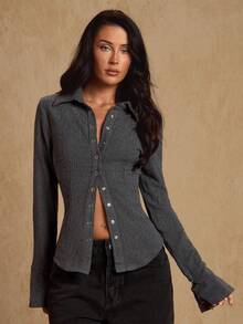 Glamine Chemise décontractée élégante en gris foncé tissé, sans stretch, col à revers, fermeture par boutons devant, poignets évasés, blouse à manches longues pour femmes, printemps/automne - Gris foncé - Voir 5