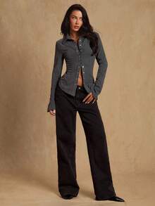 Glamine Chemise décontractée élégante en gris foncé tissé, sans stretch, col à revers, fermeture par boutons devant, poignets évasés, blouse à manches longues pour femmes, printemps/automne - Gris foncé - Voir 7