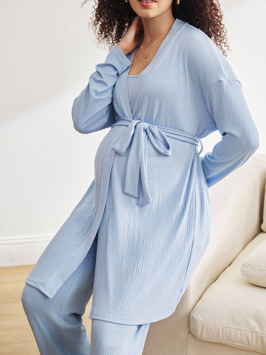 Moonlight&Mama BloomMama纯色针织开衫、吊带背心和休闲裤三件套孕妇睡衣套装，产后居家服，浅蓝色孕妇睡衣套装，舒适优雅，秋冬服装 - 藍色 - 查看 1