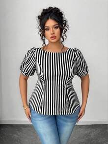 Elenzga Plus Size Casual Shirt With Unique Back Tie Design - Black and White - View 5