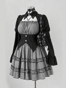 Sunspun 优雅万圣节角色扮演黑暗洛丽塔喇叭袖镂空设计上衣 + 条纹泡泡裙套装 - 彩色 - 查看 2