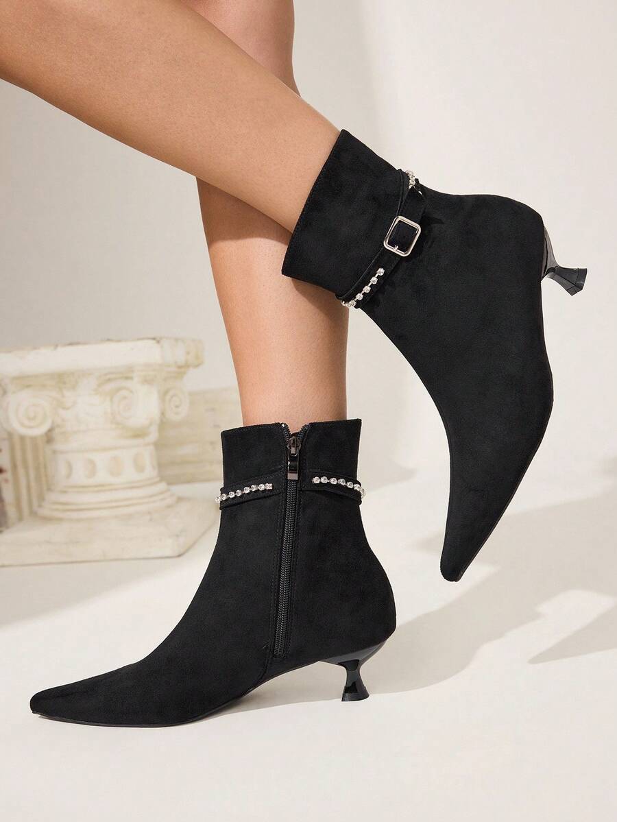 CUCCOO CHICEST Giày bốt cao đến bắp chân bằng da lộn màu đen, khóa cài thanh lịch, đính đá thời trang dành cho nữ, đa năng - màu đen - Xem 1