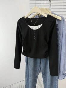 SHEIN 青少年女孩纯色罗纹撞色纽扣腰部褶皱针织弹力长袖圆领 T 恤，休闲、居家、返校季 - 黑色 - 查看 9