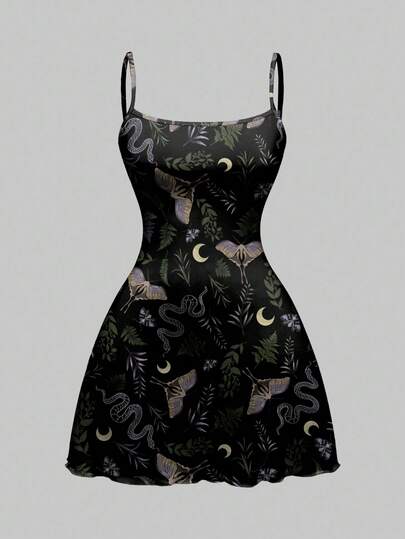 Goth Vestido mini para mujer con estampado de serpiente, sol, luna, estrella, polilla y planta, de estilo gótico y oscuro para Halloween