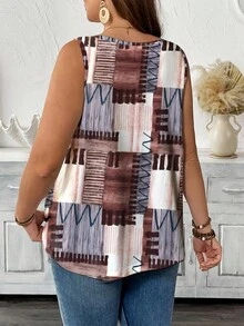 SHEIN LUNE Plus Size Summer Patchwork Printed Casual Round Neck Tank Top Graphic Tees Women Tops