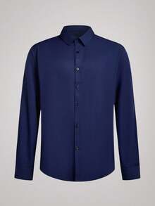 Officeau 男士纯色长袖单排扣休闲正装商务衬衫，藏蓝色，适合秋季和春夏穿着，尽显绅士风范。 - 藏蓝色 - 查看 2