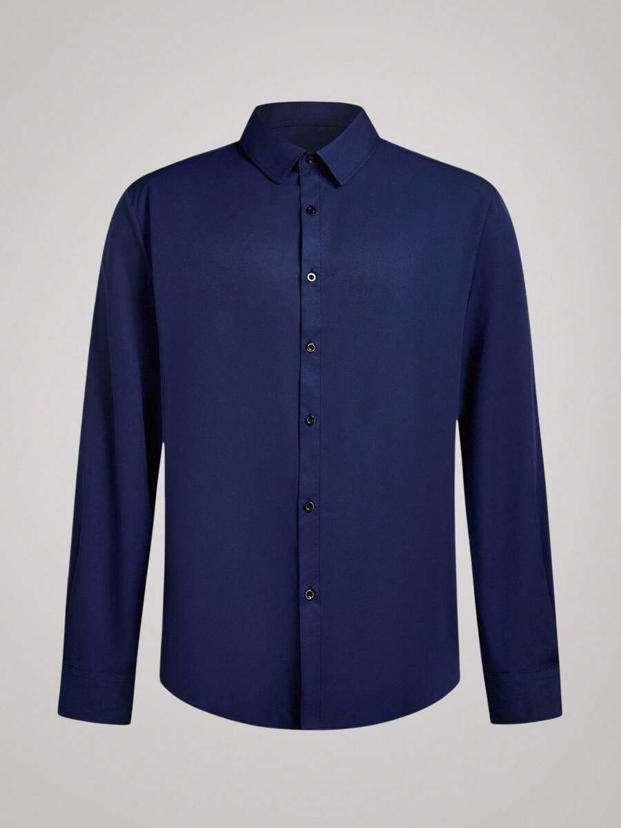 Officeau 男士纯色长袖单排扣休闲正装商务衬衫，藏蓝色，适合秋季和春夏穿着，尽显绅士风范。