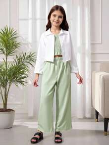 Tween Girl Shirred Cami Top & Flare Leg Trousers & Button Up Blouse - Multicolor - View 4