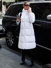 EURMUSE Long Padded Coat, Minimal Hooded Jacket, Warm Quilted Outerwear, Streetwear Essential, Zip Closure, Cozy Winter Style Long Winter Coat Women Long Puffer Coat Women White Puffer Coat Womens Hooded Puffer Coat Long Down Coat Women Womens Long Puffer Jacket Hooded Puffer Coat Women - White - View 5