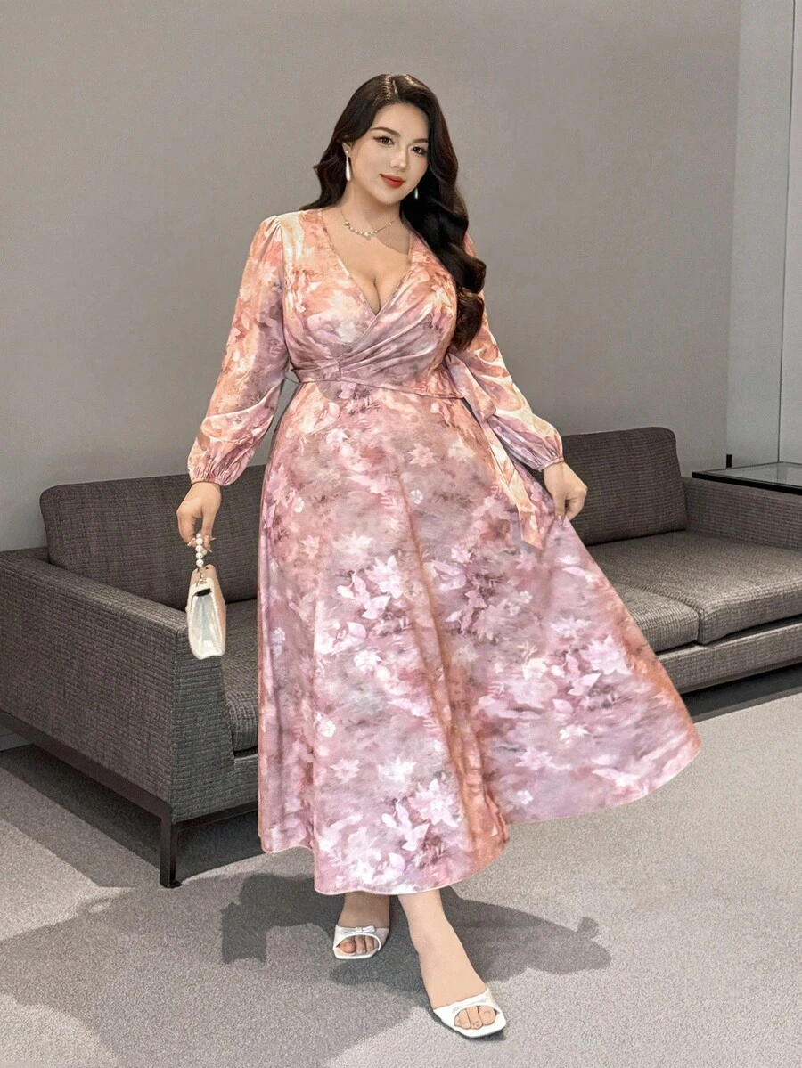 Flirla 大码交叉裹身灯笼袖印花长袖优雅连衣裙 - 彩色 - 查看 1