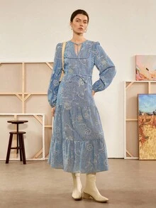 Florisole 女式波西米亚刺绣印花系腰超长 A 字连衣裙，蓝色，春秋季 - 淺藍色 - 查看 4