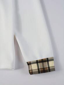 Manfinity Homme 男士格子印花纽扣休闲时尚长袖 Polo 衫，男士白色和棕色衬衫，男士长袖 Polo 衫，白色 Polo 衫，男士翻领衬衫，格子饰边 Polo 衫，秋季 - 白色 - 查看 5