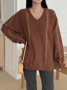DAZY Damen Loose Fit V-Ausschnitt Langarm einfarbiger Vintage Lässig Strickpullover, Herbst/Winter - Braun - Übersicht 6