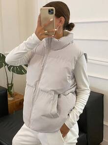 DAZY 女士纯色拉链前开襟休闲保暖背心，冬季女式外套 - 米色 - 查看 5