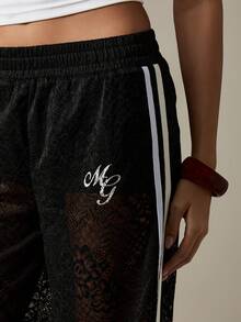 MISSGUIDED 侧条纹蕾丝阔腿裤，适合休闲街头装和晚间场合 - 黑色 - 查看 4