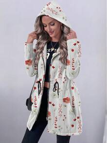 EMERY ROSE 女士休闲度假抽绳口袋连帽运动衫，薄款长款皮草印花夹克 - 彩色 - 查看 4