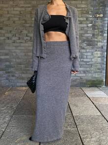 DAZY 2件套女士优雅3D花卉装饰灰色毛衣，秋冬 - 灰色 - 查看 7