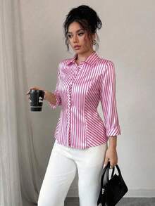 Elenzga قميص ساتان مخطط كاجوال، مناسب للتنقل في فصلي الربيع والصيف - الأحمر - مشاهدة 7