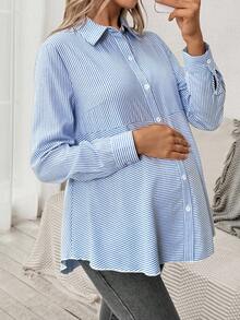 SHEIN 秋装，秋季服装，孕妇装秋冬装孕妇条纹长袖单排扣休闲百搭衬衫棉质孕妇衬衫 - 藍色 - 查看 6