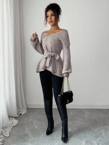 Elenzga Women's Fashion Casual Lantern Sleeve Sweater With Oversized Collar And Tie Waist, Suitable For Christmas, New Year, Thanksgiving Gifts, Autumn/Winter