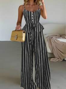INAWLY 2pcs Women's Elegant Vacation Tie Bow Button Waist Camisole & Wide Leg Striped Pants Set - Black - View 3