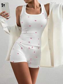 INAWLY Bộ 2 món áo hai dây cổ vuông ôm sát và quần short - Hồng - Xem 5