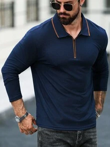 Manfinity Mode Men's Zipper Design Long Sleeve Casual Commuter Quarter Zip Shirt, Fall, Old Money - Royal Blue - View 2