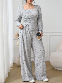 Feyla 大码休闲长袖上衣和宽松裤子两件套 - 灰色 - 查看 4