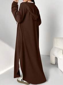 Al Najma Áo Abaya dài có mũ trùm đầu, dây rút, màu trơn, dành cho nữ, thích hợp cho mùa xuân và mùa thu, áo Abaya dài kiểu Hồi giáo thoải mái, áo cardigan dài màu nâu cho mặc hàng ngày/đi học/du lịch. - Màu nâu Sô-cô-la - Xem 2