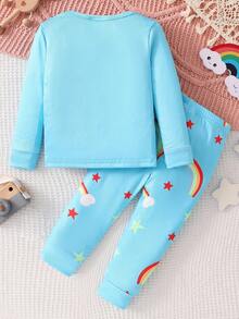 SHEIN 2pcs Baby Girls' Cute Rainbow Star & Bear Print Long Sleeve Bodysuit And Pants Pajamas Set - Blue - View 2