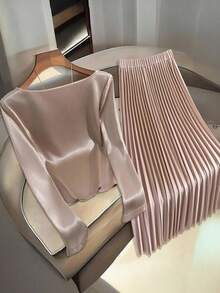 Franclia 女士优雅法式精致优雅荷叶边领衬衫搭配百褶中裙，卡其色西装套装，秋冬 - 卡其色 - 查看 2