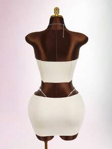 Amplova Conjunto de 2 piezas de top bandeau y minifalda decorados con rhinestones para tallas grandes