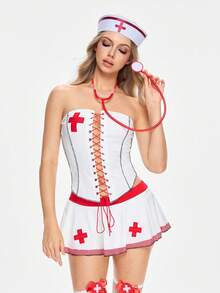 ROMWE Avant Halloween Sexy 2 Pieces Halter Crop Top And Mini Skirt Nurse Costume