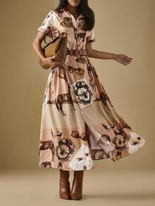 Briarwyn Women's Fashion Commuter Western Style Satin Printed Button Front Long Dress,Fall Dresses,Button Up Shirt Dress Women Old Money Style Women Elegant Dresses For Women