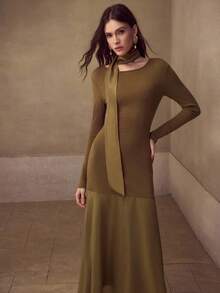 MOTF PREMIUM ĐẦM CỔ THẮT TÓC SLIM FIT - Màu Khaki - Xem 3