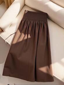 Franclia Plus Size Elastic Waist Button A-Line Long Black Skirt, Elegant Casual For Dates And Gatherings - Brown - View 2