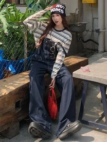 DAZY 女式不对称下摆设计休闲牛仔背带裤工装裤 - 深色水洗藍 - 查看 6