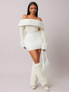 Radiana Women's Regular Faux Fur Patchwork Off Shoulder Long Sleeve Fitted Sweater In Fall/Winter - Apricot - View 5