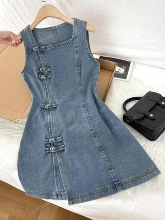 Comfortcana Vestido de mezclilla para mujer, vestido ajustado de línea A sin mangas de cuello cuadrado, azul