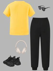 SHEIN 2pcs/Set Boys' Car Graphic Print Casual Comfortable Round Neck Short Sleeve T-Shirt And Pants Set, Suitable For All Seasons 4 Pcs Tween Boy Casual Car Graphic Print Sweatshirt And Tight Pants Boys Sweatpants Graphic And Shirt Boy Casual Sets Little Boys Casual Street Outfit Yellow Boys Outfit - Multicolor - View 2