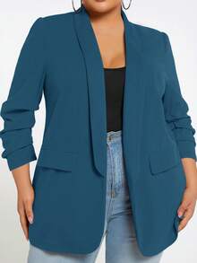 SHEIN Tall CURVE Plus Size Women Solid Color Draped Collar Ruched 3/4 Sleeve Casual Blazer Jacket In Fall/Winter - Teal Blue - View 6