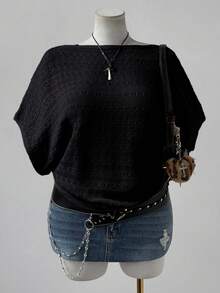 Sunspun Plus Size Women's Fashionable & Elegant Bohemian Style Hollow Out Short Sleeve Loose Knit Top, Suitable For Vacation, Spring/Summer/Autumn - Black - View 4