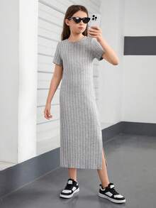 Vestido largo y cómodo para niñas adolescentes con diseño de costillas verticales y abertura lateral para el verano - Gris - Ver 7