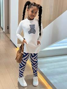 女童熊印花长袖T恤和裤子两件套 - 彩色 - 查看 1