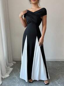 Rafferiza Elegant Color Blocking Off Shoulder Ruched Long Dress