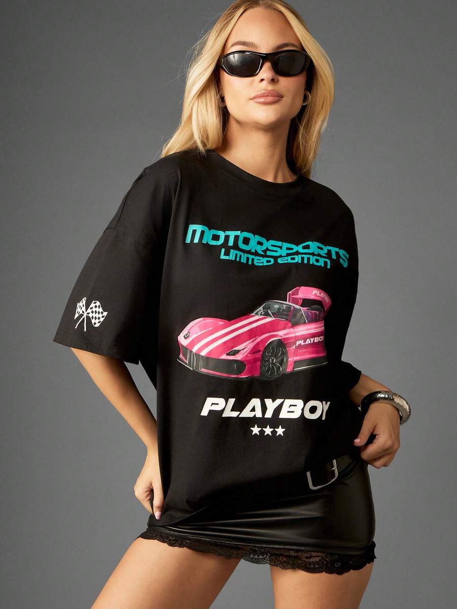 Missguided x Playboy 赛车主题超大图案T恤,搭配赛车印花短袖棉质上衣 - 黑色 - 查看 1