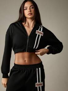 Missguided x Playboy Oversized Cropped Zip Up Hoodie With White Stripe Detail And Logo Patches For Casual Streetwear Style